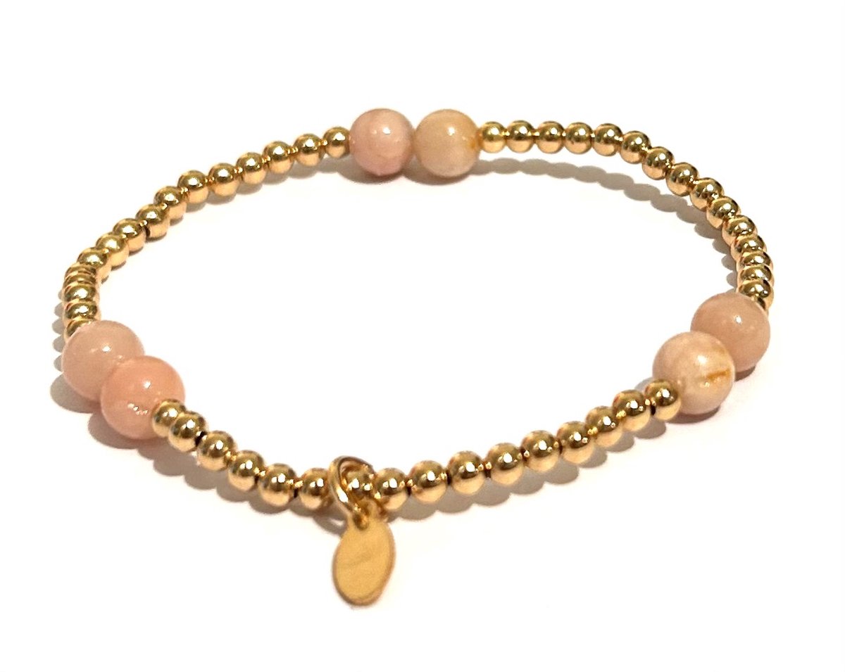 CLAUDIA JEWELLERY | Handgemaakte, tijdloze armband 14kt verguld met zes Pink Opal bollen | Verkleurt niet | Elastisch, geen slotje | Ideaal om te combineren | Cadeautip