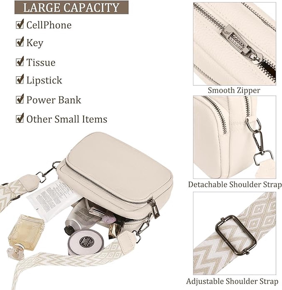 TIAASTAP Schoudertas voor mobiele telefoon, echt leer, crossbody tas dames, mobiele telefoon tas om om te hangen, kleine moderne tassen met brede schouderriem en 3 vakken, b-Wit
