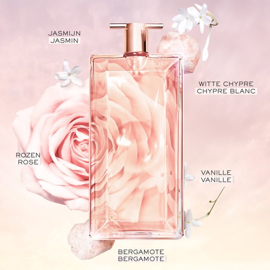 Idôle parfumfles met roze vloeistof, afgebeeld met rozen, jasmijn en bergamot.