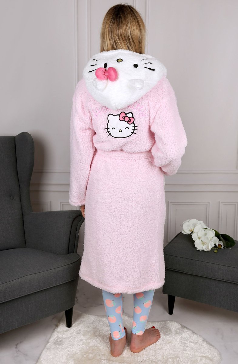 Hello Kitty Peignoir rose et blanc avec ceinture et capuche femme doux bol