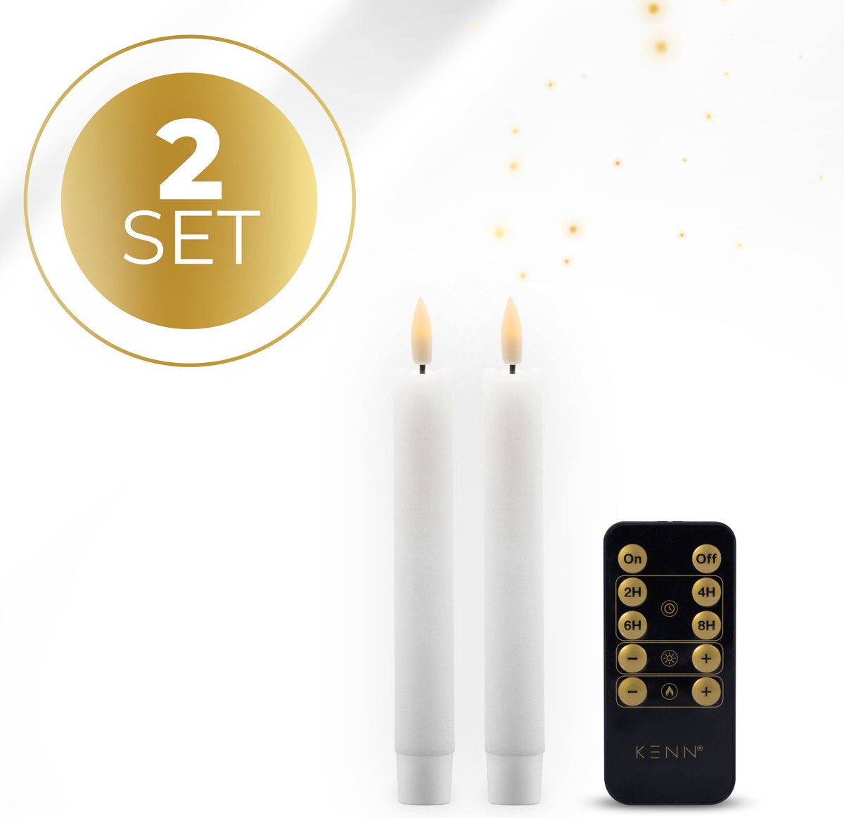 KENN® LED Dinerkaarsen op Batterijen – Klein Formaat – Echte Wax – Set van 2 – Wit – Met Afstandsbediening & Timer – Realistische 3D Vlam – LED Kaarsen – Dinerkaars LED – Kaarsen op Batterijen – LED Tafelkaarsen – Realistisch Flikkerende Vlam