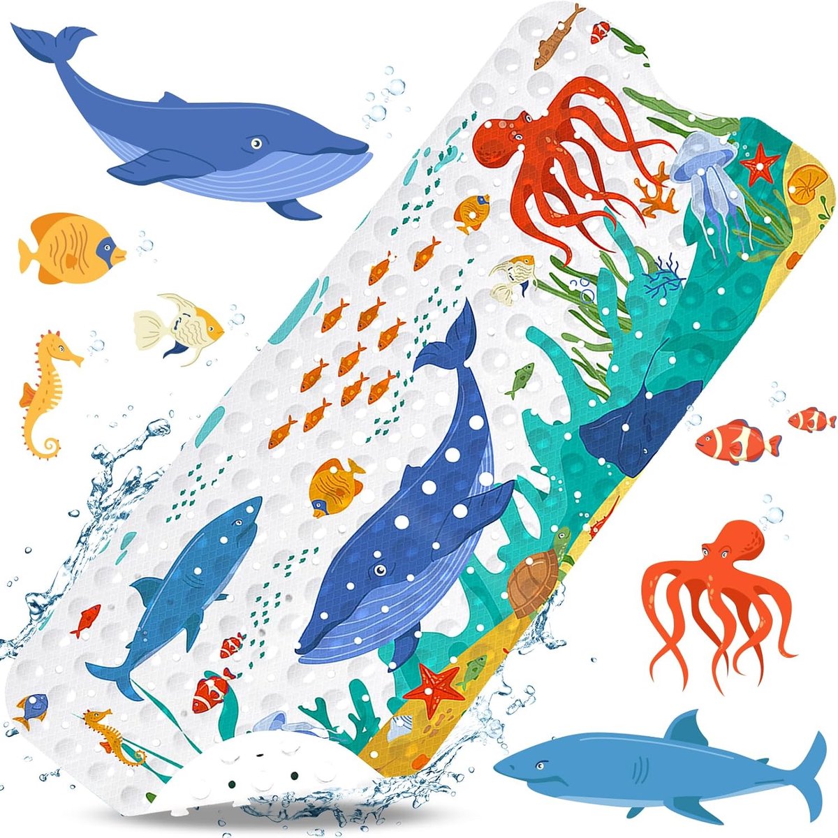 Goedkoopste Inovra ® Extra Lange Antislip Badmat voor Kinderen met Zeedierenpatroon, 100 x 40 cm, BPA-vrij, Wasbaar