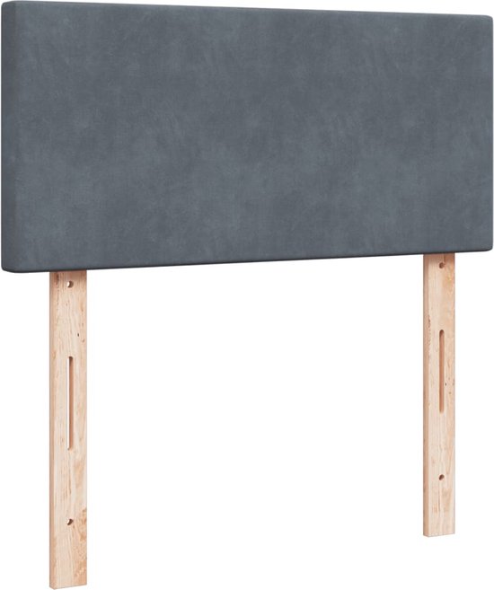 Tête de lit rembourrée gris foncé avec deux pieds en bois.