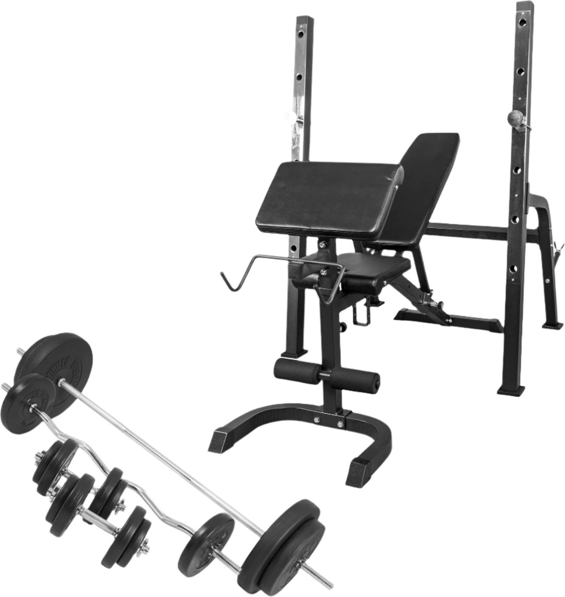 Gorilla Sports Halterbank met Squat Rack + 100 kg set - Halterstang met gewichten - Zwart - 30 mm