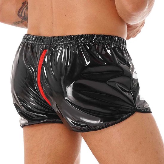 Boxer brillant cuir artificiel - Cuir - Fermeture éclair entrejambe ouverte - Look latex - Vêtements porno BDSM - Erotiek - Shorts - Shorts