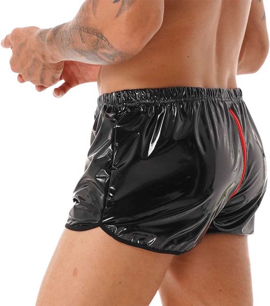 Boxer brillant cuir artificiel - Cuir - Fermeture éclair entrejambe ouverte - Look latex - Vêtements porno BDSM - Erotiek - Shorts - Shorts