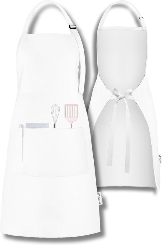 Viamart® - Professioneel Keukenschort - Kookschort - BBQ Schort - Schort - Horecakwaliteit - Verstelbare Gesp, Lange Koorden en 3 Praktische Grote Zakken - Unisex: Dames & Heren - Maat: One Size Fits All - Wasbaar op 60° - Wit