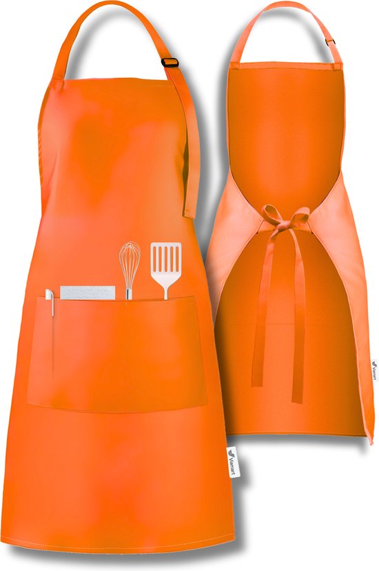 Viamart® - Professioneel Keukenschort - Kookschort - BBQ Schort - Schort - Horecakwaliteit - Verstelbare Gesp, Lange Koorden en 3 Praktische Grote Zakken - Unisex: Dames & Heren - Maat: One Size Fits All - Wasbaar op 60° - Oranje