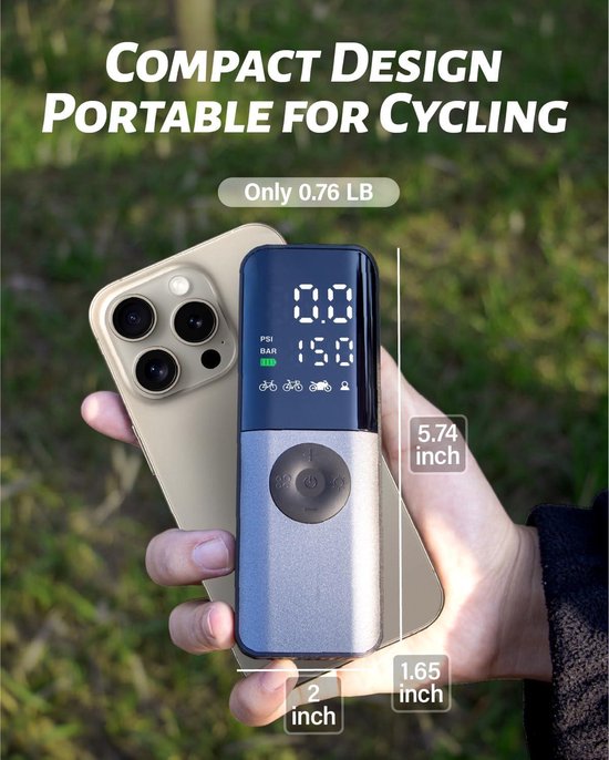 GPUTEK Elektrische Fietspomp, Mini-luchtpomp Fiets 150PSI met Digitale Manometer, Fietspompen Elektrisch Oplaadbaar met Ventielaccessoires Voor Racefiets, Mountainbike, E-bike, Motorfiets