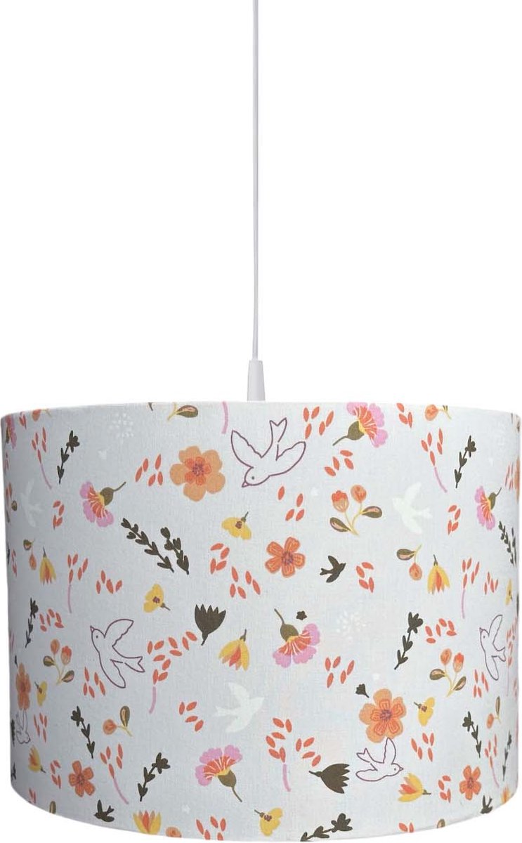 BINK Bedding Hanglamp/Lampenkap Saar 30cm inclusief pendel met een print van vrolijke bloemen en vogels op een witgrijze ondergrond - flowers - bloemen - vogels - roze - oranje - groen - geel - kinderkamerverlichting - meisjeskamer - kids - girls