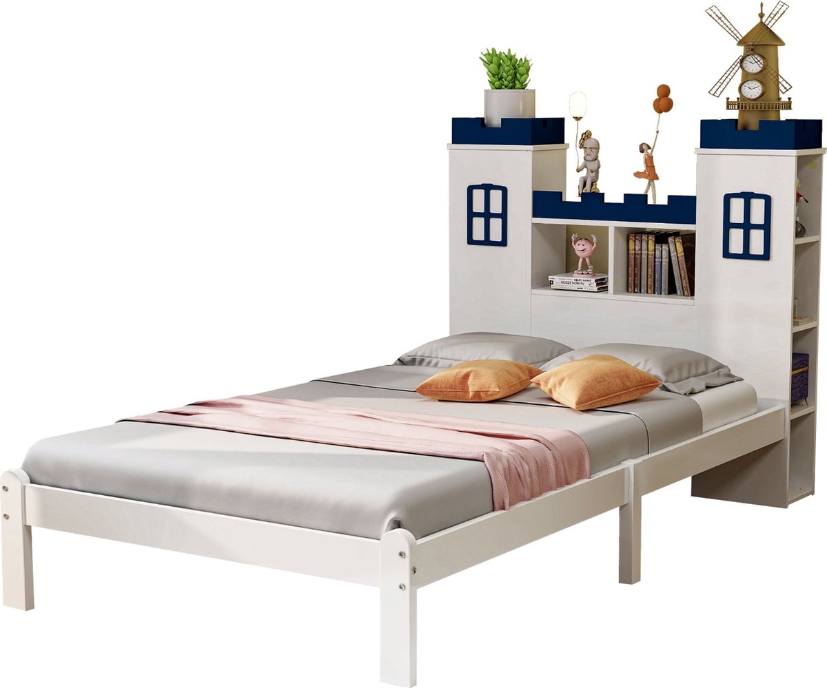 Merax Kasteelvorm Eenpersoonsbed 90x200 cm in Kastelen Vorm - Massief Houten Kinderbed met Opbergruimte - Wit