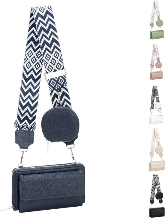 Portemonnee tasje met brede schouderband blauw -telefoontasje dames - clutch - festival tas - kleine schoudertas