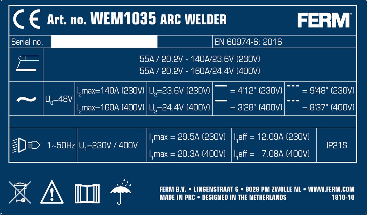 FERM - WEM1035 - Lasapparaat - 55-160 Ampere - 230V - of - 400V - Overhittingsbeveiliging - Inclusief - Bikhamer - Laskap - Krachtig - Booglasapparaat - Lasapparaat elektrode - Lasapparaat electrisch - Krachtstroom lasser - 400 Volt – foto 6