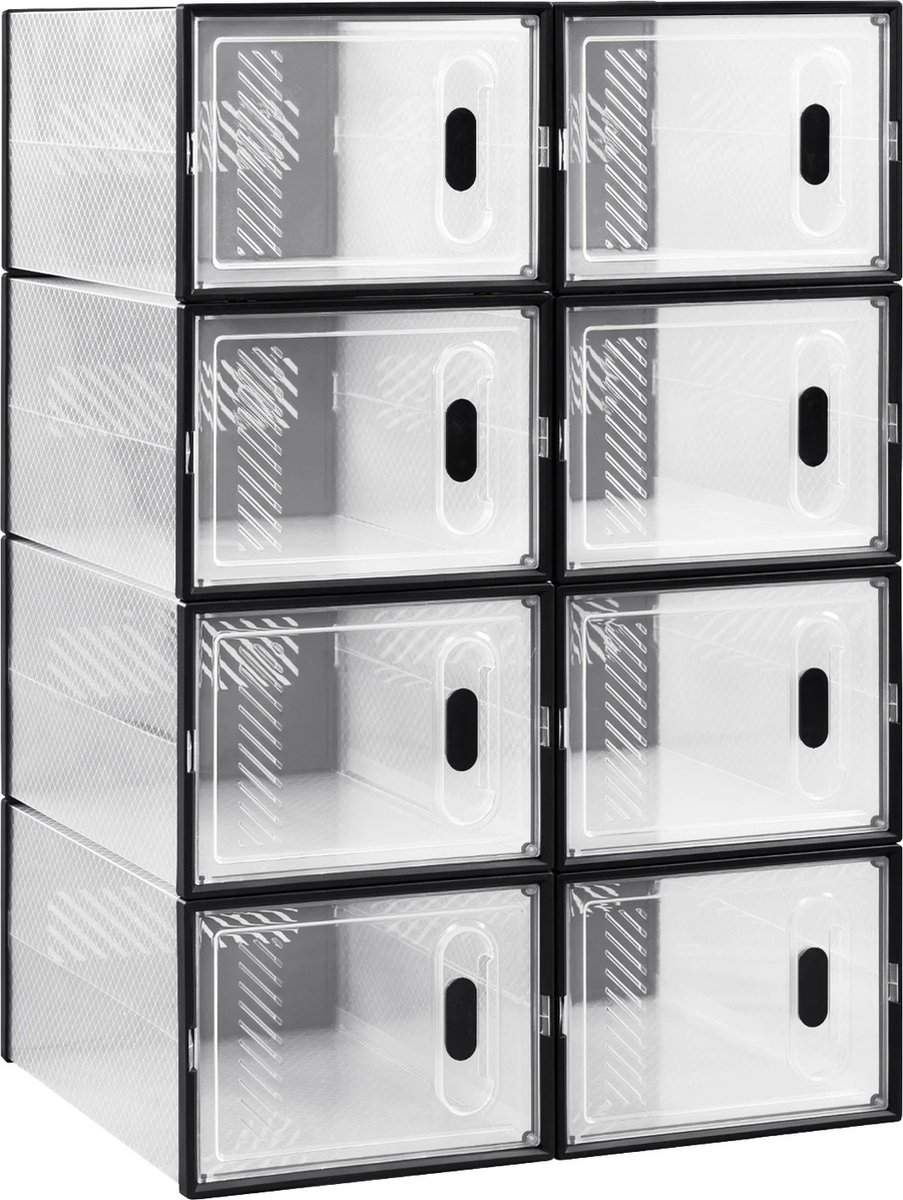Set van 8 Sneakerboxen - Sneakerbox Organizer - Schoenendozen – Transparante Magnetische Deur – Stapelbare Opbergboxen & Organizers – 35x25x19 cm – Zwart