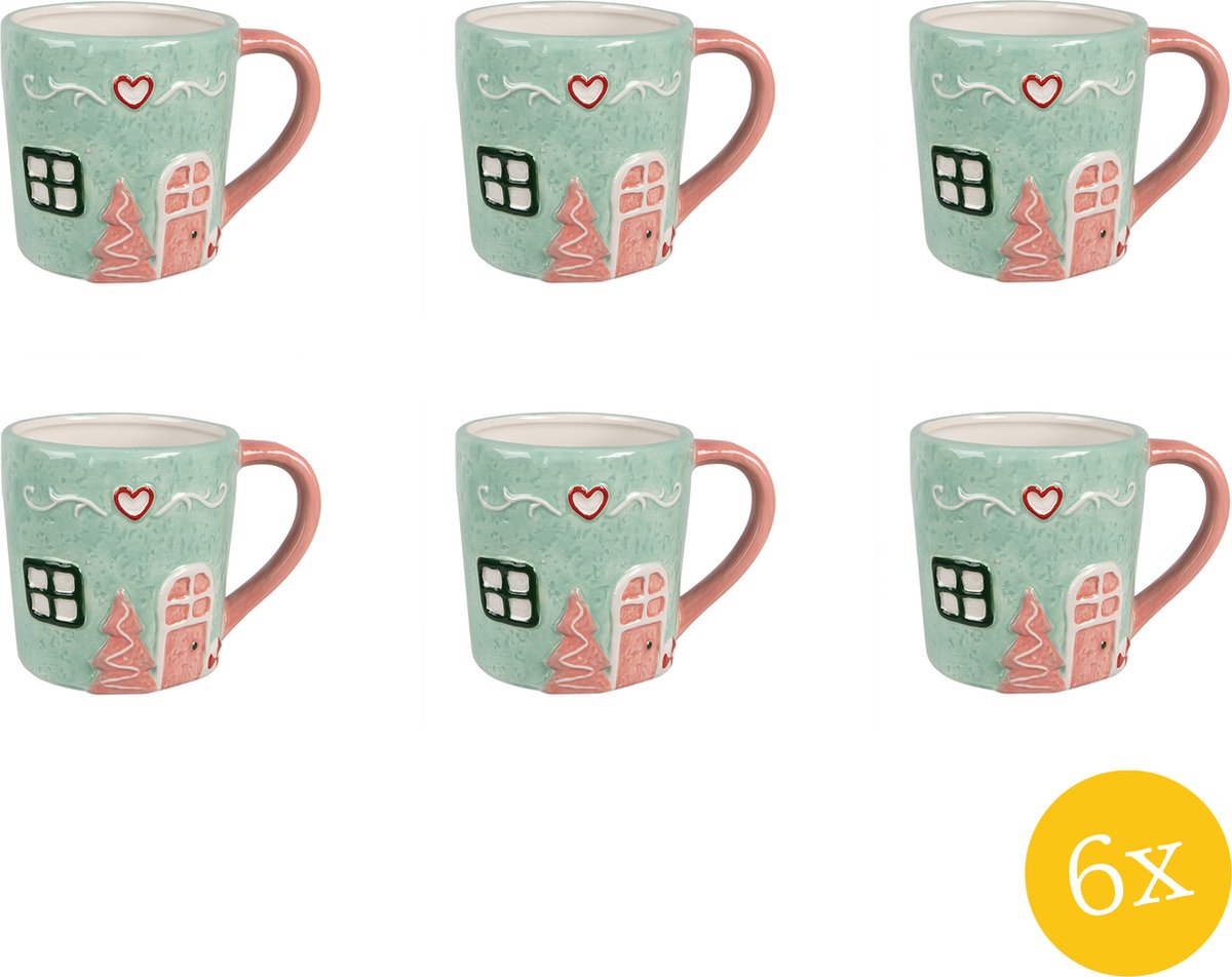 Clayre & Eef Mok 350 set van 6 stuks 350 ml Groen Keramiek Drinkbeker