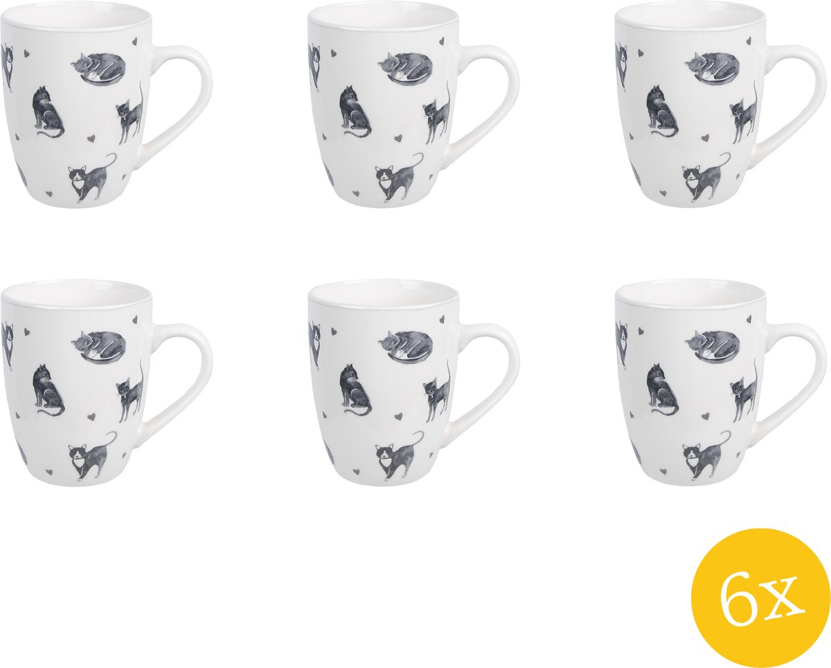 Clayre & Eef Mok set van 6 stuks 350 ml Wit Keramiek Katten Drinkbeker