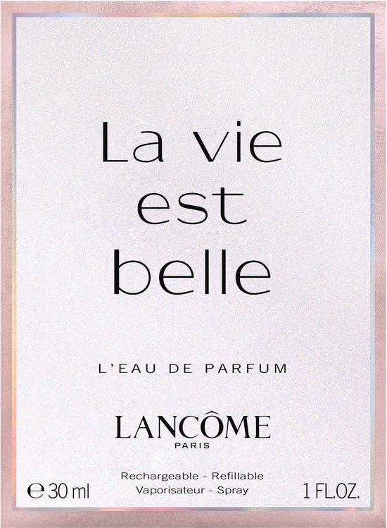 Doosje Lancôme La Vie est Belle L'Eau de Parfum 30ml, met de tekst 'La vie est belle' en productdetails.