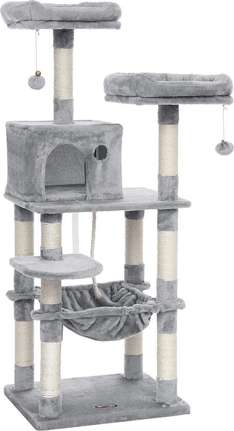 Grijze kattenkrabpaal met meerdere verdiepingen, inclusief huisje, plateaus en hangmat.