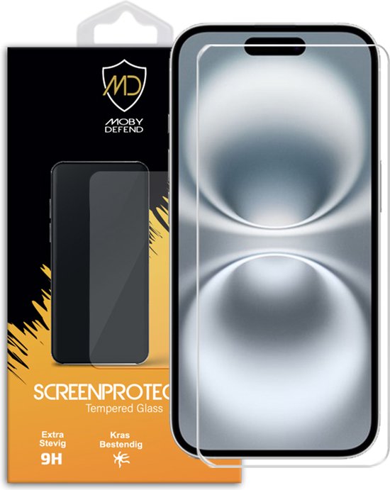 MobyDefend screenprotector gehard glas, met verpakking. Extra stevig 9H.
