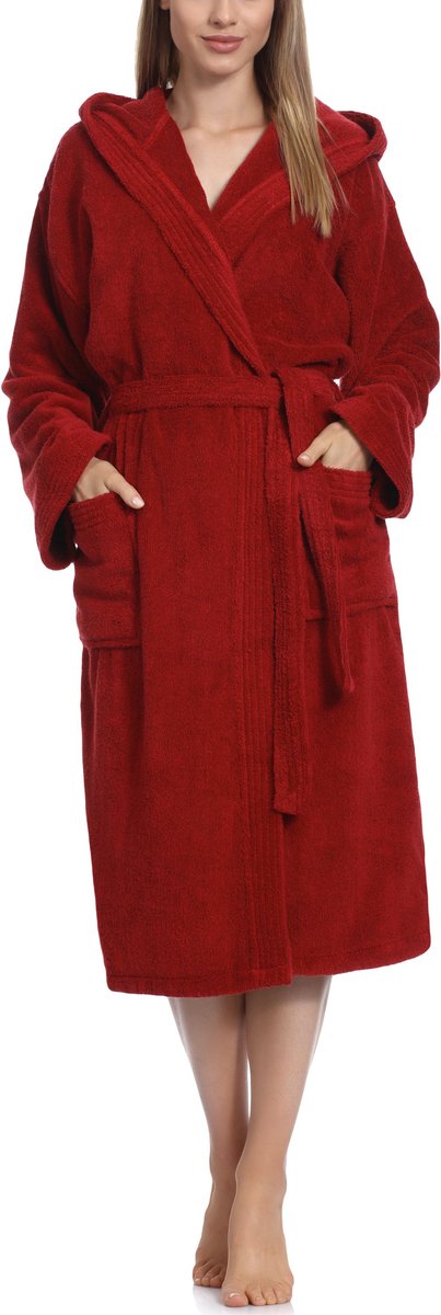 Ladeheid Dames Badjas met Capuchon - 100% Katoen - Wasmachine bestendig - Badstof – Wijn rood – S – LA-LA40-102-DG