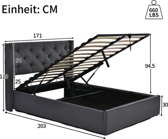Lit double Merax Queensize 160 x 200 cm avec Matras en mousse froide – Lit rembourré avec rangement hydraulique – Grijs