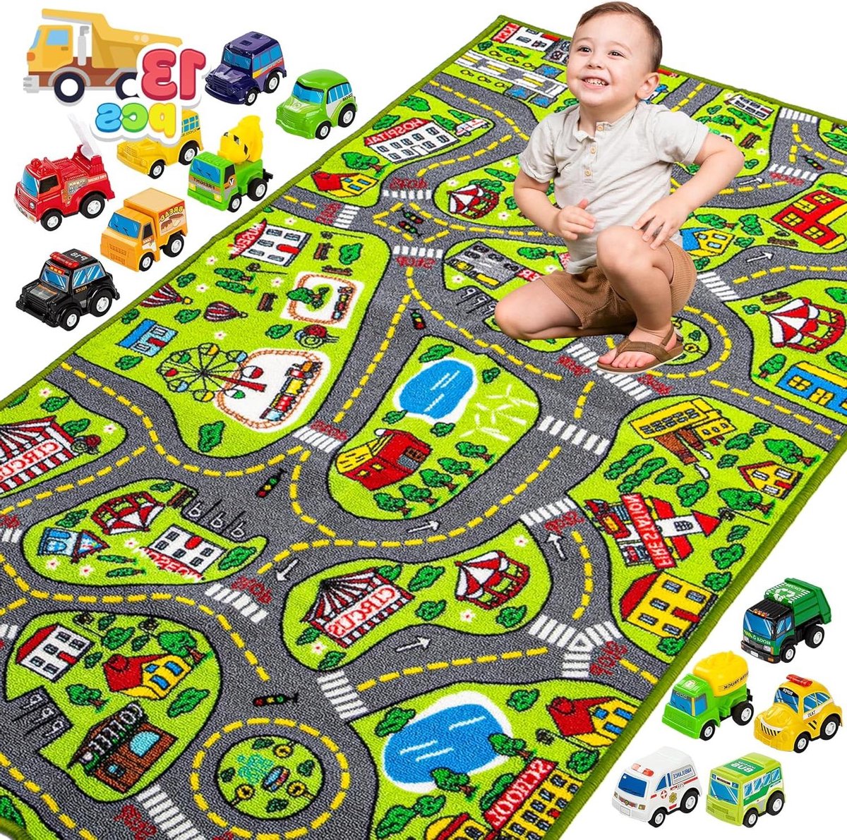 Speelmat Vloerkleed 80 x 150 cm met 12 mini-autospeelgoed kinderen vanaf 3 jaar straat kindertapijt jongens meisjes slaapkamer speelkamer