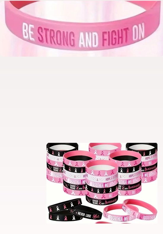 Roze armband met de tekst 'BE STRONG AND FIGHT ON' en kleine roze strikjes.