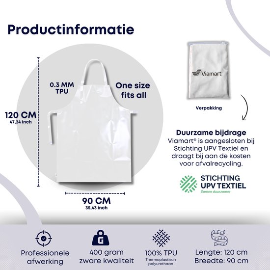 Viamart® - Tablier professionnel en TPU 0,3 mm - Unisexe - Cou et taille réglables - Perfect pour l'agroalimentaire, l'industrie et les loisirs - Imperméable et résistant à l'abrasion - Couleur : Wit