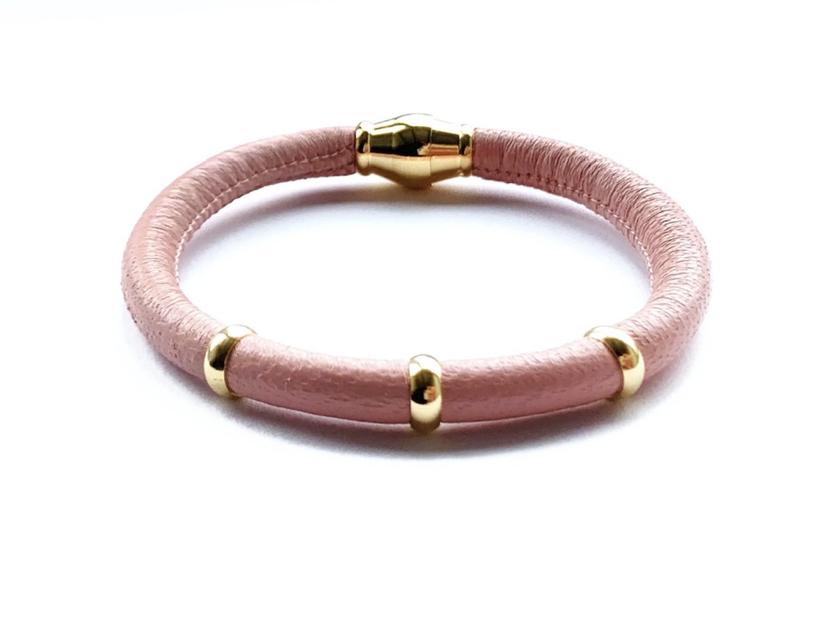 NIEUW! Jolla - dames armband zilver - goudkleurig - leer - magneetsluiting - bedels - Single Gold - Roze