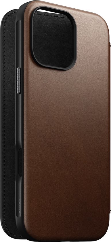 Coque Nomad adaptée à Apple iPhone 16 Pro Max | Folio en cuir moderne | Compatible avec MagSafe et le chargement sans fil | Book Case avec porte-cartes | Cuir véritable | Marron