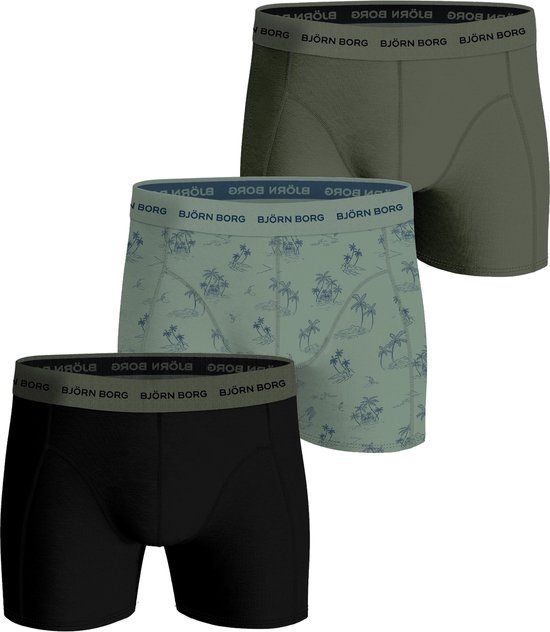 3-pack heren boxershorts: zwart, groen met palmbomenprint, en kaki.