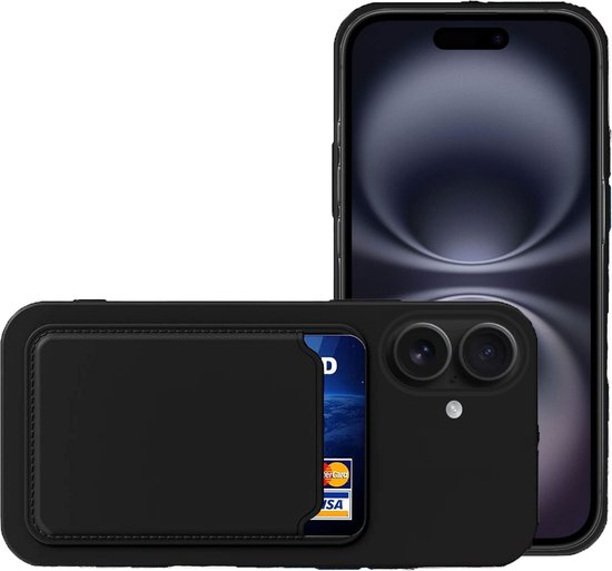 Coque de téléphone noire avec porte-cartes, à côté d'un smartphone noir.