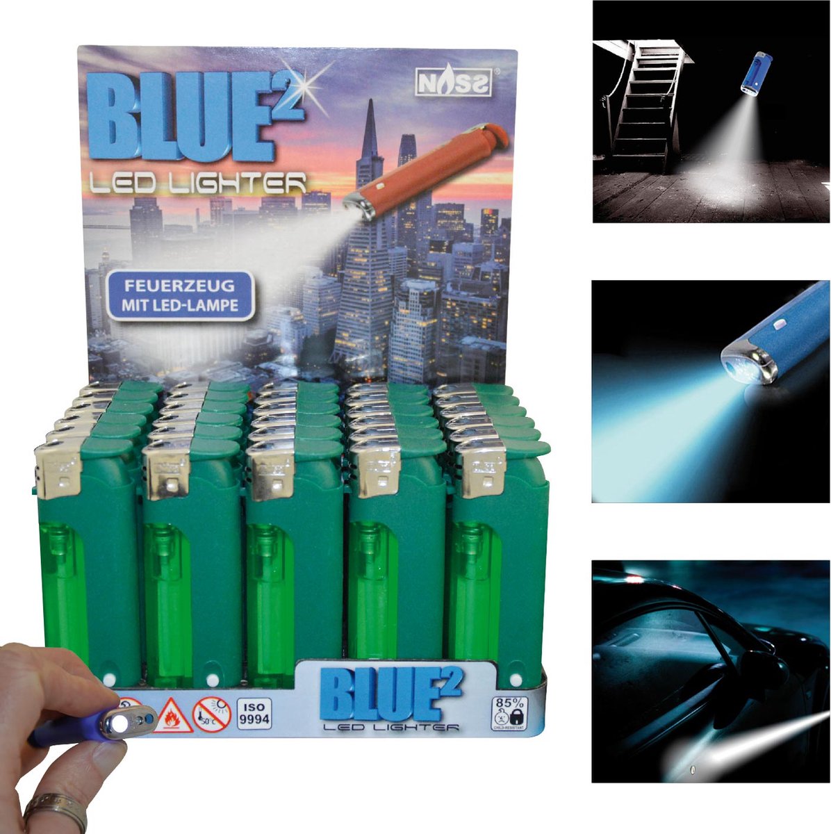 Goedkoopste Elektronische aansteker - Blue² Green Edition Hervulbaar - Display 30 stuks - wegwerpaansteker - electronic lighter - klik aanstekers - aansteker met led lampje