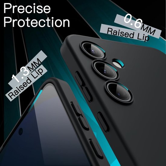 Zwarte telefoonhoes met verhoogde randen van 1.3MM en 0.6MM voor bescherming van het scherm en de camera's.