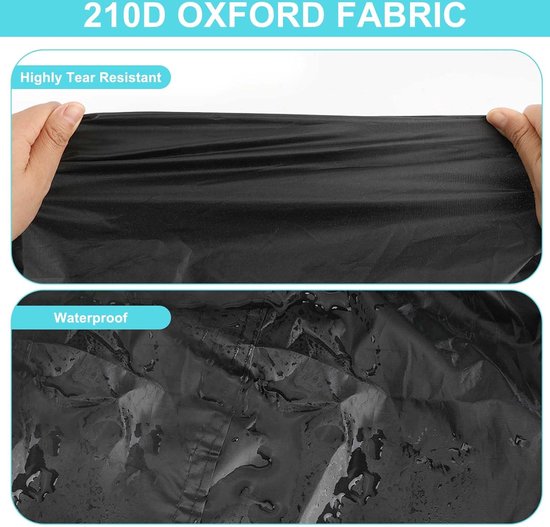 Detailfoto's van zwart 210D Oxford-stof, waterdicht en scheurbestendig.