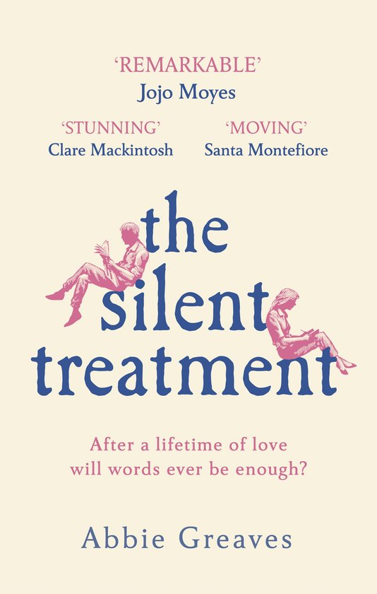 Boek 'The Silent Treatment' van Abbie Greaves. Titel in blauw, illustratie van koppel in roze.