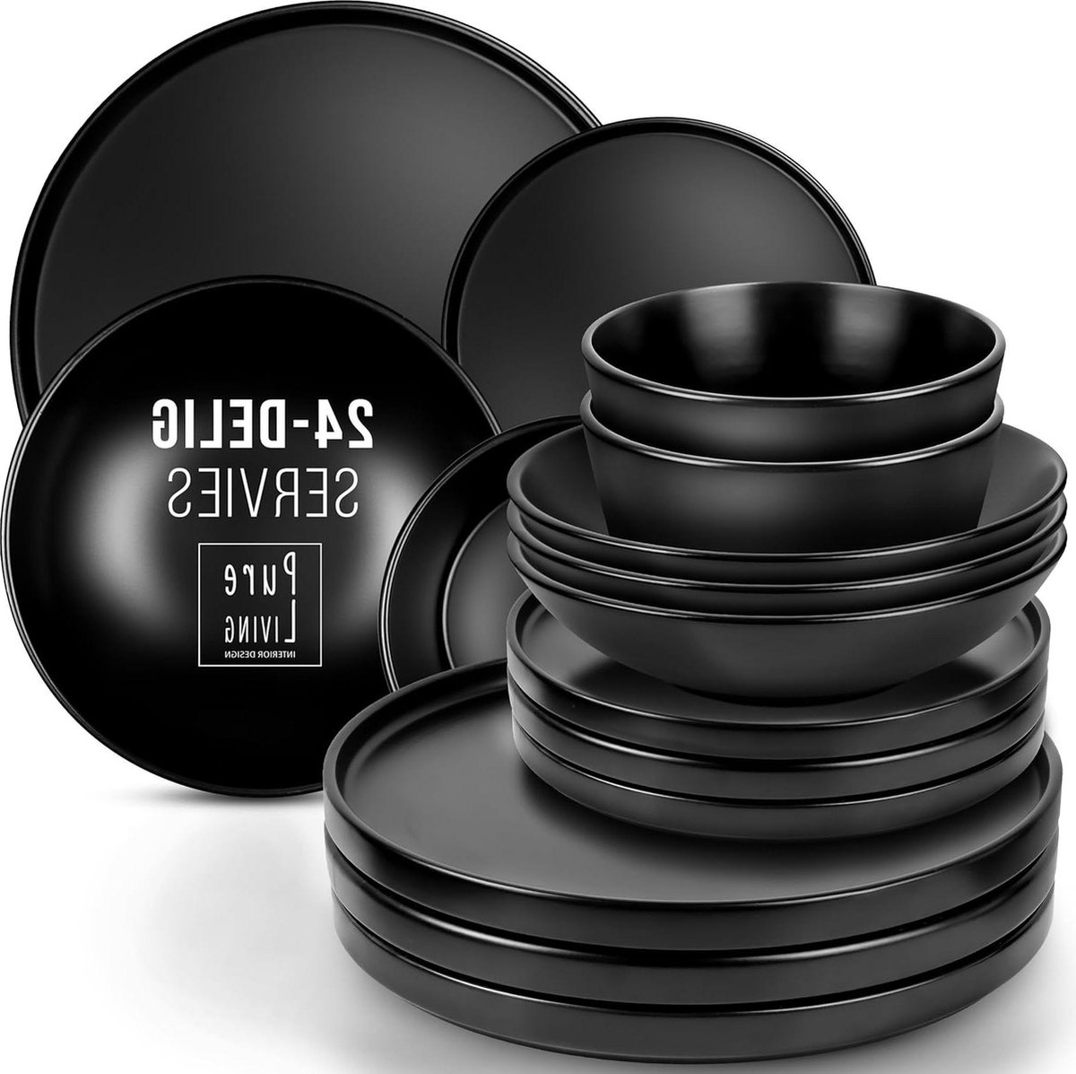 Zwart Serviesset voor 6 Personen Manhattan 24-delig - Mat Zwart Servies Vaatwasser- en Magnetronbestendig - Zwarte Borden Set Urban Style bordenset 6 person