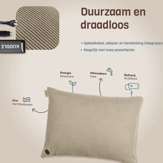 Kuddle Warmtekussen Oplaadbaar - Gebreid 'Sand Beige' 45x60cm - Draadloos & Elektrisch - Inclusief Powerbank