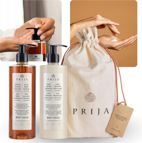 PRIJA - Cadeauset voor dagelijkse verzorging, vloeibare zeep + hand- en lichaamscrème + sierzakje