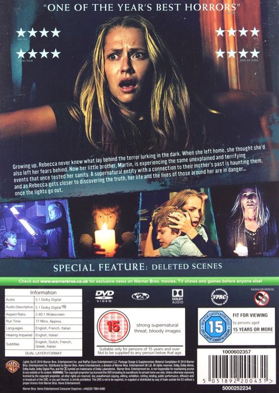 Achterkant van de DVD-hoes van Lights Out. Een vrouw met warrig blond haar, bang kijkend. Kleine afbeeldingen van een jongen met een kaars, een vrouw met een kind en een enger monster.