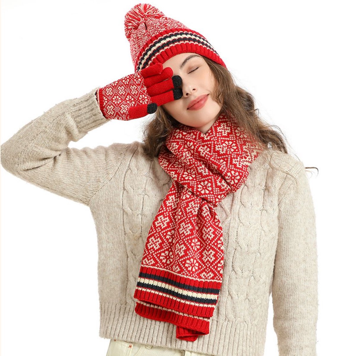 3-delige wintermuts, sjaal en handschoenenset, gebreide muts en sjaalset, dikke thermische pompom muts, handschoenen en sjaalset met touchscreen handschoenen, warm wintercadeau, geschikt voor buitenkleding voor mannen en vrouwen - diep rood — cadeau in Mode & Accessoires - foto 2