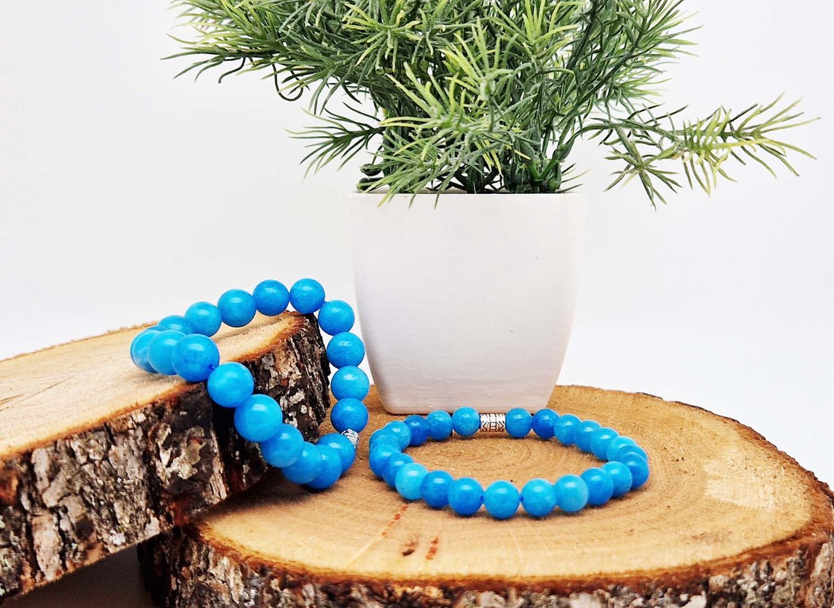 Handgemaakte Klassieke natuurstenen armband “ Blauwe Agaat ” - 10 mm diameter van de korrel- Diameter armband 20 cm - Een mooi cadeau voor familie en vrienden