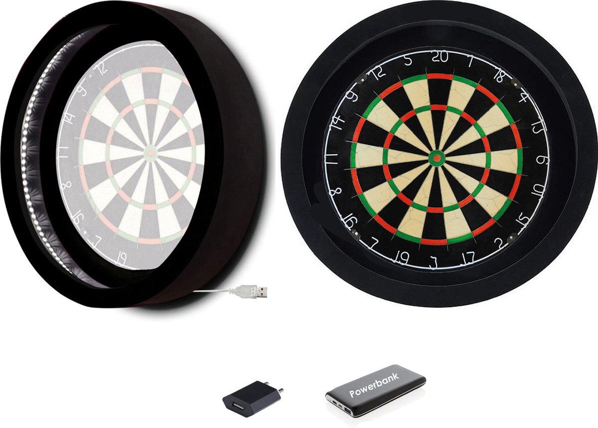 Dragon Darts Lunar Eclipse - Dartbord Verlichting - Inclusief Plain Dartbord en Powerbank - LED Surround - Zwart