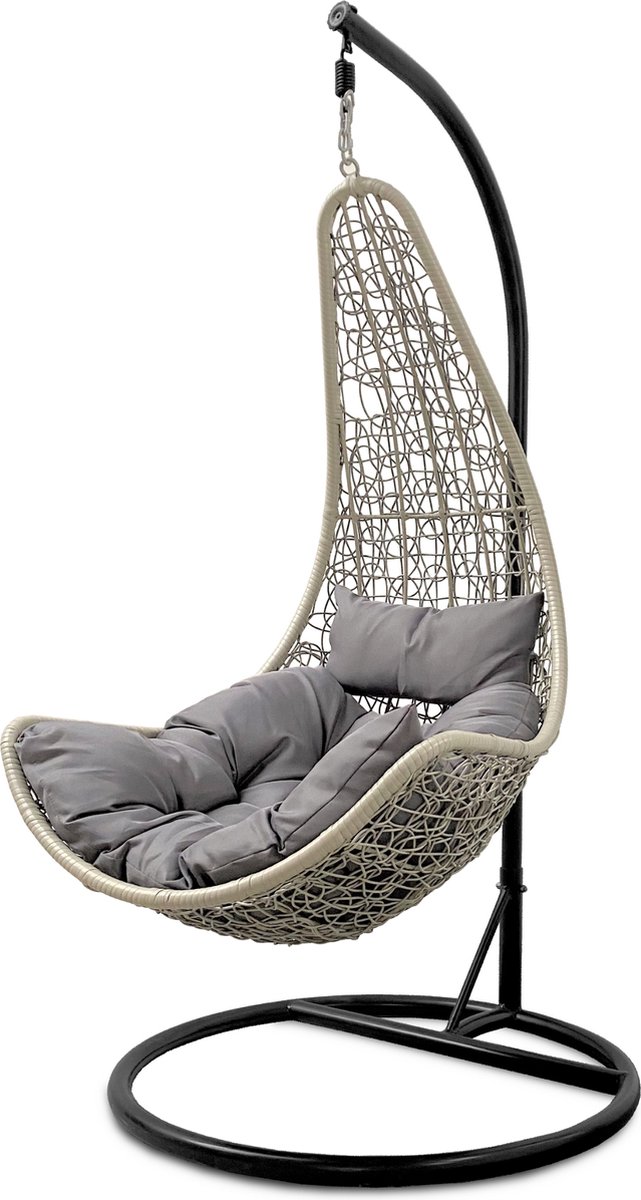 Rijoka Hangstoel Layba Twisted Schommelstoel – Grijs Rattan - Grijs Kussen - Zwart Frame