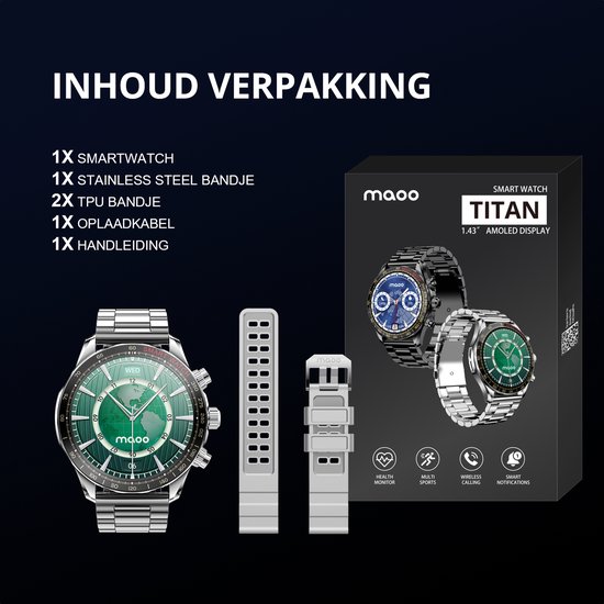 Maoo Titan AMOLED Smartwatch Heren - Stainless Steel en 2 TPU bandjes - Stappenteller - Hartslagmeter - Slaapmonitor - Multisport - Geschikt voor Android en iOS - Zilver