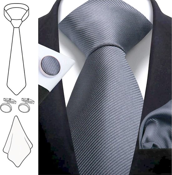 Foto: Fako fashion stropdas met pochette en manchetknopen gestreept ribstructuur 100 zijde effen 8cm 145cm donkergrijs