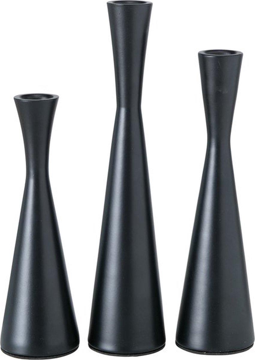 Boltze - Kandelaar - Set van 3 - 20,23 en 26cm - Cone - Metaal - Ø 6cm - Zwart