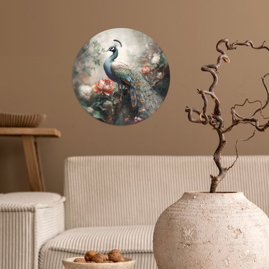 WallCircle - Stickers muraux - Cercle Papier Peint - Paon - Plumes De Paon - Vogel - Jungle - Fleurs - 30x30 cm - Cercle Mural - Auto Adhésif - Autocollant Rond Papier Peint