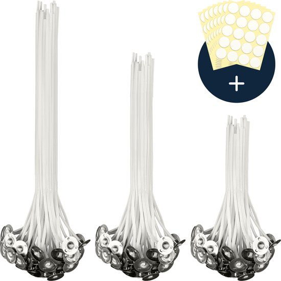 Kaarsen maken kaarslont set - 150 stuks kaarsenlont in 3 maten - incl. 150 dubbelzijdige Glue Dots Kaarsenlont pitvoet Stickers