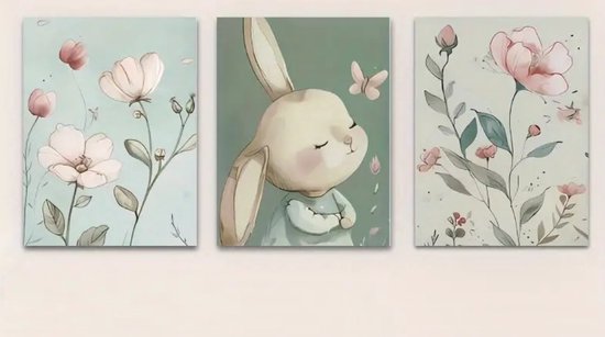 Set van 3 Canvas 'Flowers & Bunny' - Canvas Posters - 30x40cm - Groen - Roze - Babykamer - Kinderkamer - Konijn - Bloemen